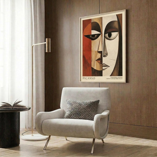 May include: Framed Picasso-style cubist poster with geometric face in orange, beige, and brown tones hanging on wood-paneled wall above cream upholstered armchair with geometric pillow. Modern floor lamp with brass finish and circular base stands nearby next to dark round side table with open book. Warm neutral interior with curtained window.