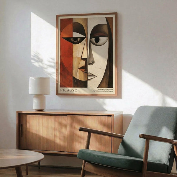 May include: Framed Picasso-inspired cubist face poster with geometric shapes in orange, brown, and cream tones hanging above a wooden sideboard. Modern living room setting with sage green armchair, white table lamp, and natural sunlight streaming across white walls creating dramatic shadows.