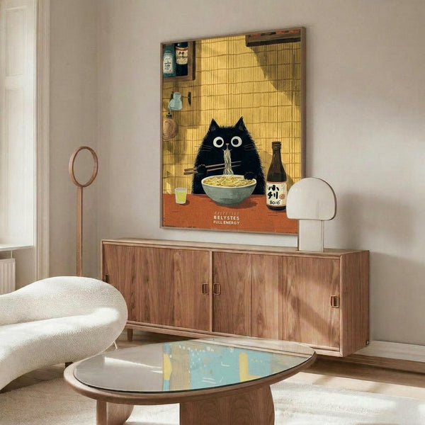 May include: A poster print featuring a black cat with wide eyes eating ramen noodles from a bowl, set against a golden bamboo background with Japanese bottles and shelves. The artwork is displayed above a mid-century modern walnut credenza in a minimalist living room with a white sculptural chair and oval glass coffee table.