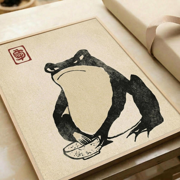 May include: Japanese-style ink wash print of a large frog sitting with arms crossed, displaying a grumpy expression. The artwork features black brushstroke outlines on cream paper with a red square seal in the upper left corner. The print is displayed in a light wooden frame on a white surface next to rolled paper scrolls, creating a traditional Asian art presentation.