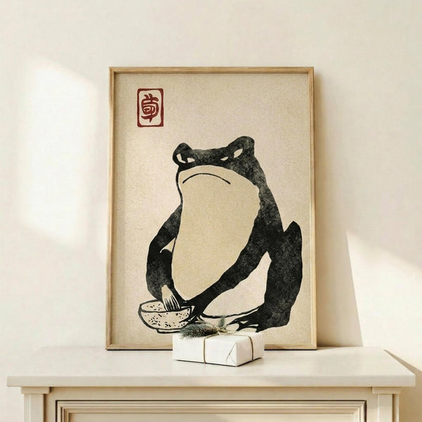 May include: Framed art print featuring a minimalist black ink illustration of a sitting frog with a grumpy expression, rendered in traditional Japanese style with a red seal stamp in the upper corner. The beige textured background is displayed in a natural wood frame, sitting on a light wooden surface alongside a small white wrapped gift with evergreen sprig.