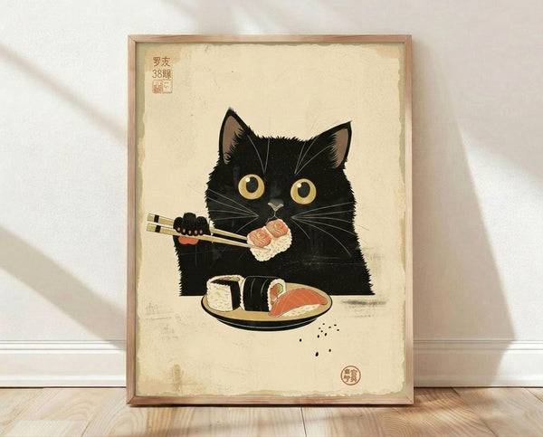 May include: Framed poster print leaning against white wall on light wooden floor. Artwork shows adorable black cat with large yellow eyes holding chopsticks with sushi piece, sitting behind plate of assorted sushi rolls. Japanese-inspired vintage style illustration on cream background with Asian characters in corners. Natural wood frame, soft lighting creates gentle shadows on textured white wall.