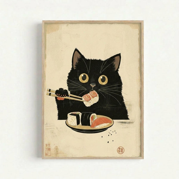 Framed artwork showing a black cat with large yellow eyes holding chopsticks and eating sushi. The cat sits behind a plate of various sushi pieces including nigiri and rolls. The illustration is done in a Japanese-inspired style on aged cream-colored paper with red stamp marks in the corners. The wooden frame displays the print against a white wall background.