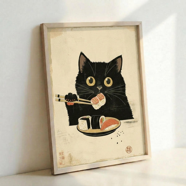 May include: Framed art print leaning against white wall showing adorable black cat with large yellow eyes holding chopsticks with sushi, plate of assorted sushi nearby. Vintage Japanese-inspired illustration style on cream paper with Asian characters and red seal stamp. Light wood frame casts soft shadow on white surface.