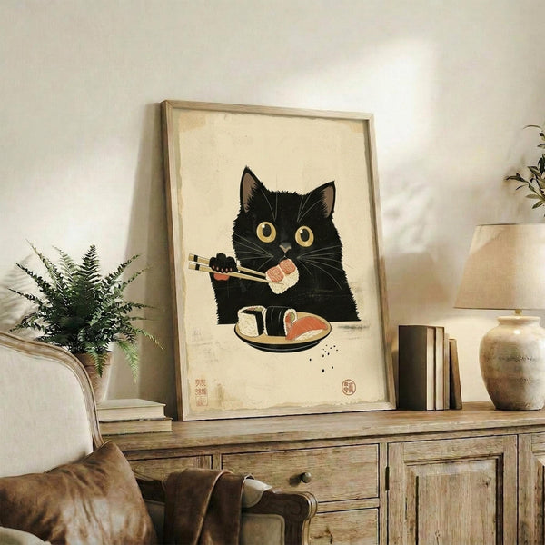 May include: Framed artwork showing a black cat with golden eyes holding chopsticks, eating sushi from a small plate. The illustration has a warm beige background with Japanese-style red stamp marks. The wooden frame sits on a rustic credenza next to a fern plant, ceramic vase, and stacked books in a cozy living room setting with neutral tones.