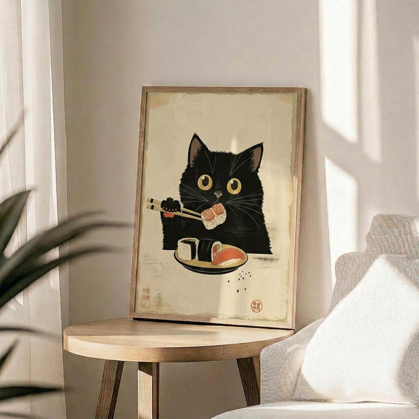 May include: Framed poster print displayed on wooden side table next to beige upholstered chair and plant. Artwork shows adorable black cat with large golden eyes holding chopsticks, eating sushi from a plate. Japanese-inspired illustration style with cream background, red accent seal, and natural wood frame. Soft natural lighting creates gentle shadows on neutral-toned wall.