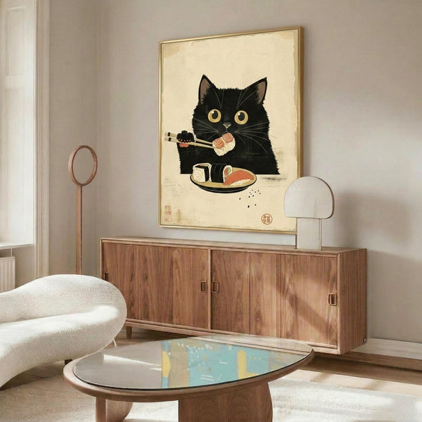 May include: Framed poster of a black cat with golden eyes holding chopsticks with sushi, sitting behind a plate of sushi rolls, displayed above a mid-century modern walnut credenza in a minimalist living room with cream walls, white curved chair, and glass coffee table with abstract art surface.
