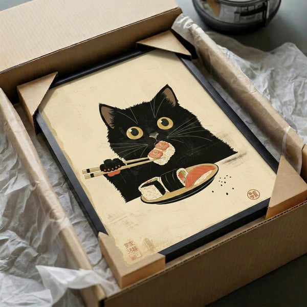 May include: Framed vintage-style illustration of a black cat with golden eyes eating sushi with chopsticks, displayed in dark wooden frame in shipping box with protective tissue paper and cardboard tubes visible around packaging