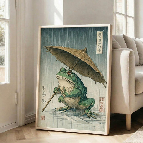 May include: Framed Japanese woodblock print showing a green frog holding a brown bamboo umbrella in heavy rain, displayed on light wooden floors next to a beige upholstered chair. The artwork features traditional ukiyo-e style with vertical rain lines against a blue-green background, Japanese text characters in upper corners, and a light wooden frame. Natural lighting streams through white-framed windows in a bright, minimalist living room setting.