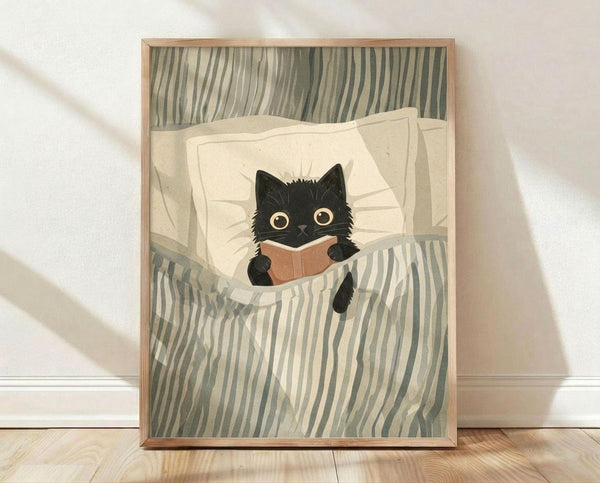 May include: Framed poster print featuring a black cat with large golden eyes reading an orange book while tucked in bed under green and white striped bedding. The illustration shows the cat against white pillows in a cozy, whimsical art style. Natural wood frame sits on light wooden flooring against white wall with soft natural lighting.