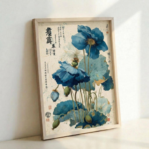 May include: Framed botanical art print featuring blue poppies with delicate petals and seed pods, accompanied by traditional Asian calligraphy text on aged cream paper background. The artwork is displayed in a simple light wood frame, leaning against a white wall with soft natural lighting creating gentle shadows.