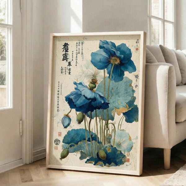 May include: Framed botanical artwork featuring blue poppies with Asian calligraphy text, displayed on wooden floor beside beige upholstered chair near white-framed windows. The print shows detailed blue flowers with green stems and seed pods against cream background, housed in light wood frame. Natural sunlight streams across white walls and light hardwood flooring in modern living room setting.