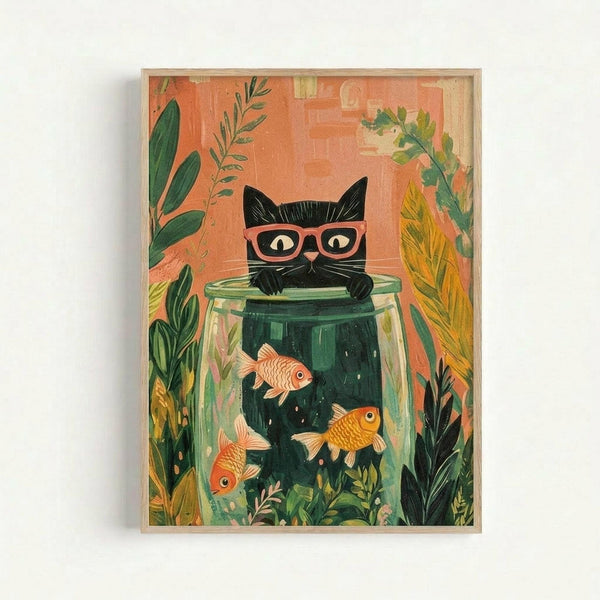 Whimsical illustration in a light wood frame showing a black cat wearing pink glasses peering over a large glass fishbowl containing three orange goldfish and aquatic plants. The background features a warm coral-orange color with lush green foliage including ferns and tropical leaves surrounding the scene. The artwork has a vintage-inspired, hand-drawn style with rich textures and botanical details.