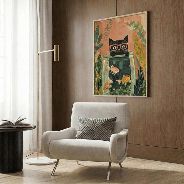 May include: Whimsical illustration artwork displayed in light wood frame on dark wood paneled wall above cream upholstered armchair. Art features black cat wearing glasses perched atop glass jar containing orange goldfish, surrounded by botanical foliage on peachy coral background. Modern reading nook with brass floor lamp and geometric patterned throw pillow.