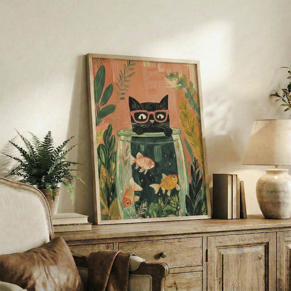 May include: Framed poster artwork displayed on a rustic wooden sideboard in a cozy living room setting. The illustration features a black cat wearing pink glasses peering over a large glass fishbowl containing orange goldfish and aquatic plants, surrounded by coral-pink background with green botanical elements. Scene includes fern plant, books, ceramic vase, and beige upholstered furniture with brown throw pillows.