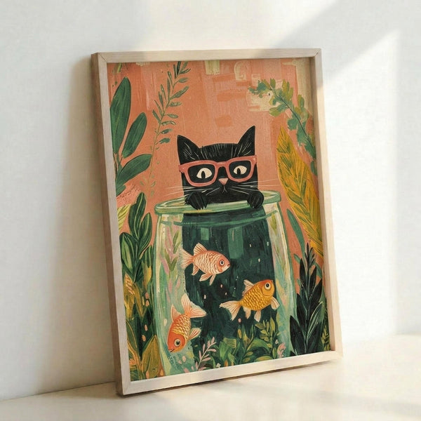 May include: Framed art print leaning against white wall showing whimsical illustration of black cat wearing pink glasses peering over glass fishbowl containing three orange goldfish. Artwork features coral pink background with green botanical foliage including ferns and leaves. Print displayed in natural wood frame on light wooden surface.