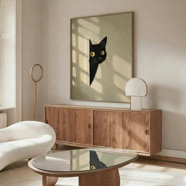 May include: Black cat portrait with bright yellow eyes peeking from corner, displayed in thin wooden frame above walnut credenza in modern living room. Artwork shows minimalist illustration on sage green background. Room features cream upholstered chair, glass-top coffee table, white table lamp, and natural window light casting geometric shadows across walls and furniture.