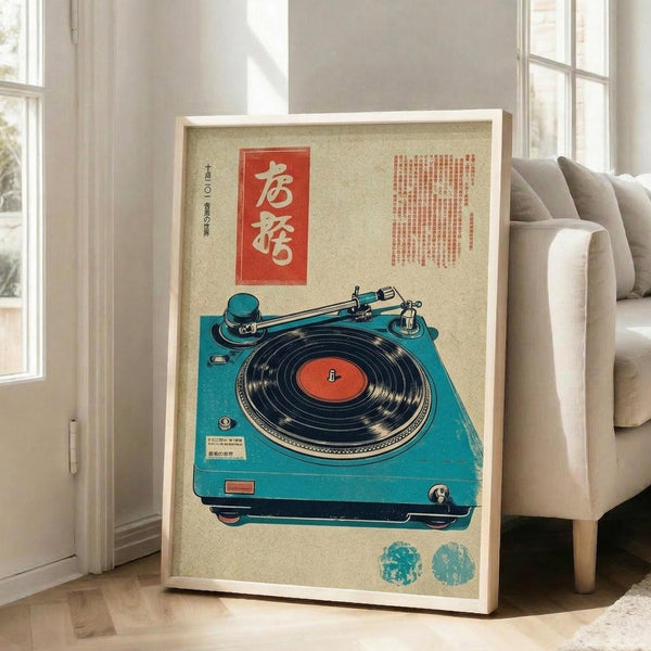 May include: Framed vintage-style poster featuring turquoise record player with black vinyl and red center label, displayed in bright living room against white wall next to beige sofa. Poster has cream background with red text box and Japanese characters, housed in light wood frame leaning on wooden floor.
