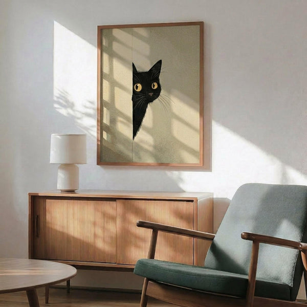 May include: A framed poster print of a black cat with bright yellow eyes peeking from behind a light background, displayed on a white wall above a wooden sideboard. The minimalist artwork features clean lines and is shown in a modern living room setting with a mint green armchair, small table lamp, and natural sunlight casting geometric shadows across the scene.