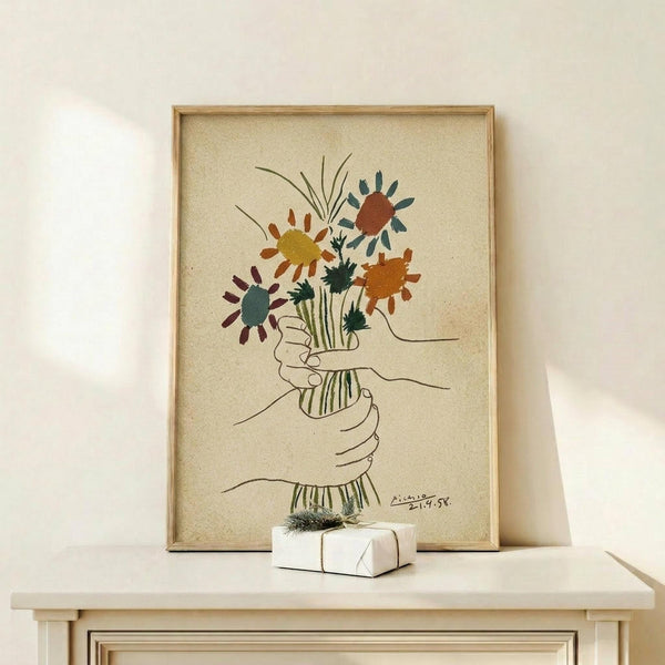 May include: Framed art print showing colorful wildflowers held in two hands, drawn in simple line art style with vibrant petals in orange, yellow, teal, and burgundy against cream textured background. Natural wood frame sits on light wooden surface beside small white wrapped gift with evergreen sprig. Soft natural lighting on neutral wall.