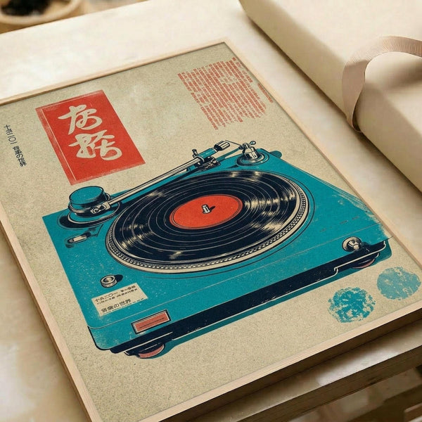May include: Vintage-style poster print featuring a turquoise blue record player with black vinyl record and red center label, displayed in white matted frame on light wooden surface. Japanese characters appear in red box in upper left corner with accompanying text. Retro illustration has weathered, aged paper texture with small blue ink spots as decorative elements.