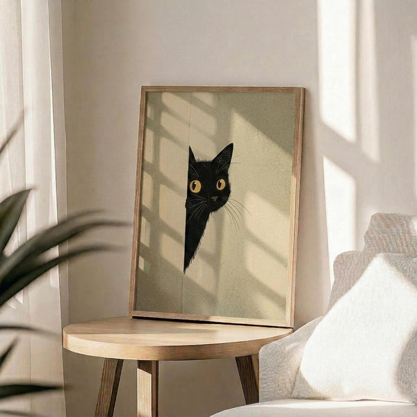 May include: Framed poster print featuring a black cat with golden yellow eyes peeking into view against a pale green background, displayed on a light wood round side table next to a beige upholstered chair with white pillow. Natural sunlight creates geometric shadows across the scene. The artwork shows the cat's head and partial neck with detailed whiskers and alert expression in a minimalist illustration style within a thin wooden frame.