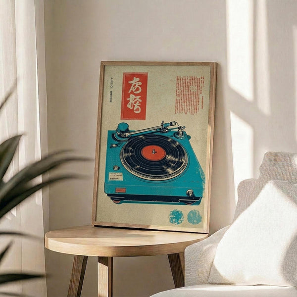 May include: Framed poster featuring a vintage turquoise turntable with black vinyl record and red center label, displayed on a round wooden side table next to a beige upholstered chair. The artwork has Japanese text in a red rectangular banner and cream background with additional text elements. Natural lighting creates soft shadows across the scene with a potted plant visible in the corner.