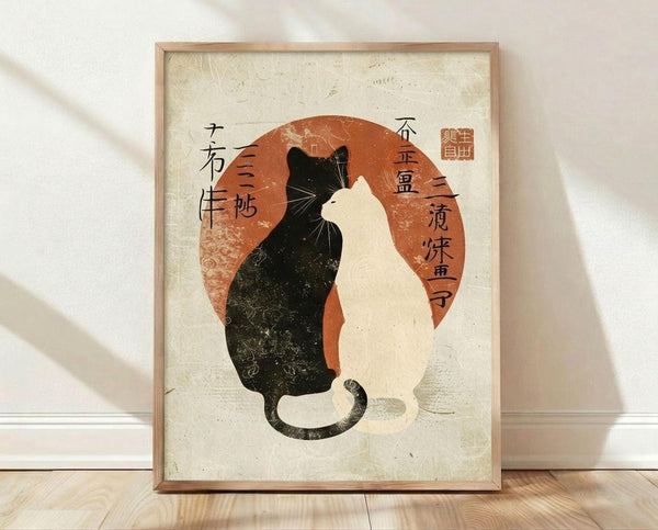 May include: Framed poster print leaning against white wall on light wooden floor. Artwork shows black and white cats in yin-yang pose against orange circle backdrop with Japanese calligraphy characters. Vintage cream-colored paper texture with distressed edges. Natural wood frame in light finish. Soft natural lighting creates subtle shadows on wall.