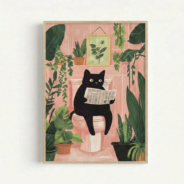 May include: Framed poster print showing a black cat with yellow eyes sitting on a toilet reading a newspaper in a pink-tiled bathroom. The room features numerous green houseplants including trailing vines, large leafed plants, and a snake plant in terracotta pots. A framed botanical print hangs on the wall. The illustration has a warm, cozy aesthetic with coral pink walls and tiles contrasting with lush greenery throughout the space.