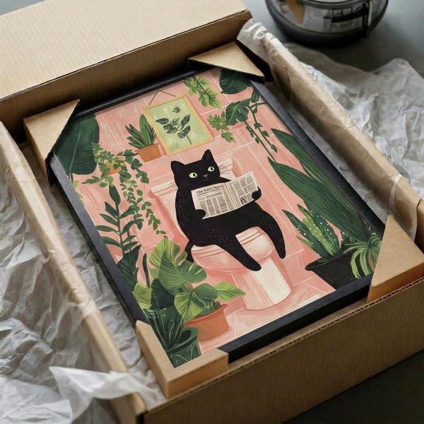 May include: Framed poster artwork being unpacked from a cardboard shipping box with protective wrapping. The illustration shows a black cat with bright yellow eyes sitting on pink tile flooring while reading a newspaper, surrounded by lush green houseplants including snake plants, pothos, and framed botanical art on a coral pink wall. The print has a cozy indoor garden aesthetic with warm, vibrant colors.