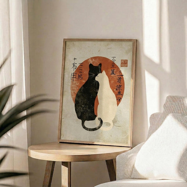 May include: Framed artwork displaying two cats - one black, one white - sitting together against an orange circular background with Japanese characters, styled in traditional ukiyo-e art with weathered textures. The wooden-framed print sits on a round wooden side table next to a beige upholstered chair, with soft natural lighting and plant shadows visible in a minimalist room setting.