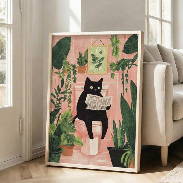 May include: Framed poster print leaning against wall next to beige sofa in bright living room with white walls and large windows. Artwork shows black cat with yellow eyes reading newspaper while sitting on pink toilet, surrounded by lush green houseplants including trailing pothos and snake plants. Pink bathroom setting with coral walls and botanical wall art. Light wood frame.