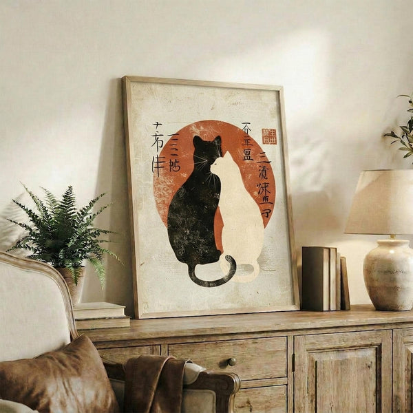 May include: Framed artwork featuring two cats - one black, one white - sitting back-to-back against a rust-colored circular background with Japanese text, displayed on a rustic wooden console alongside books, a ceramic vase, and a fern plant in a cozy living room setting with neutral tones and natural lighting.