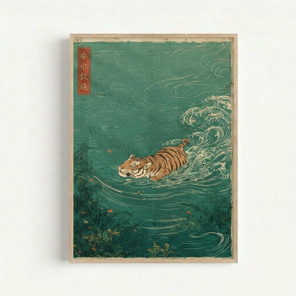 Japanese-style woodblock print artwork showing an orange and black striped tiger swimming through turquoise-green churning waters with white foam and waves. The print features traditional ukiyo-e styling with flowing water patterns, aquatic plants at the bottom, and a red text cartouche in the upper left corner. The artwork is displayed in a light wooden frame against a white wall, showing the vintage paper texture and weathered edges typical of traditional Japanese prints.