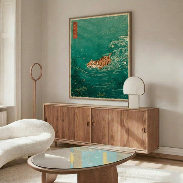 May include: Japanese-style artwork depicting an orange and black striped tiger swimming through turquoise green waves with white foam, displayed in a thin gold frame above a wooden sideboard. Modern living room setting with cream upholstered chair, brass floor lamp, white table lamp, oval glass coffee table, and white walls with natural lighting.