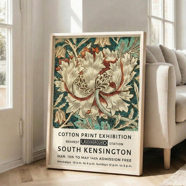 May include: Framed vintage botanical poster featuring large cream and coral flower with detailed petals surrounded by teal and green foliage. Text below reads "Cotton Print Exhibition" with London Underground logo and "South Kensington" station details. Light wood frame leaning against white wall next to beige upholstered chair in bright, naturally lit room with hardwood floors.