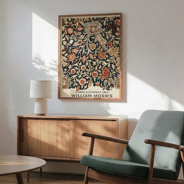 May include: Framed William Morris botanical poster with intricate floral pattern in deep navy, coral pink, and cream tones displayed above a mid-century modern walnut credenza. Green upholstered armchair with wooden arms sits nearby, along with a round wooden side table and white ceramic table lamp. Bright natural light creates geometric shadows on the white wall in this minimalist living room setting.
