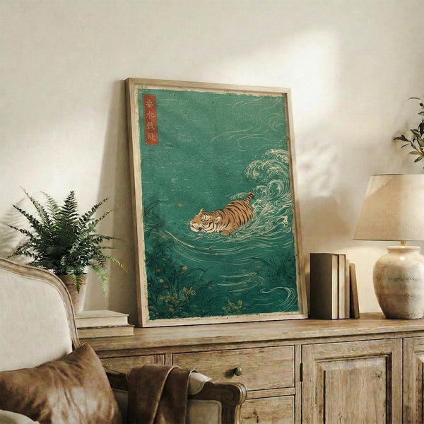 May include: Framed poster print featuring a tiger swimming through turquoise waves in traditional Japanese ukiyo-e art style, displayed on a rustic wooden credenza alongside books, a ceramic vase, and fern plant in a neutral-toned living room setting with beige furniture and soft natural lighting.