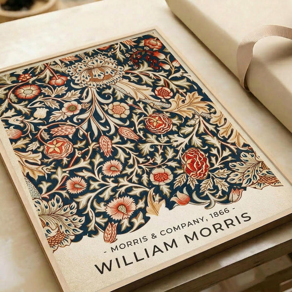 Ornate floral pattern poster with intricate botanical design featuring roses, chrysanthemums, and decorative leaves in rich navy blue, coral red, and cream colors. The detailed Victorian-style artwork is printed on cream paper and lies flat on a white surface next to rolled white paper, showing the vintage Morris & Company 1866 attribution at the bottom.