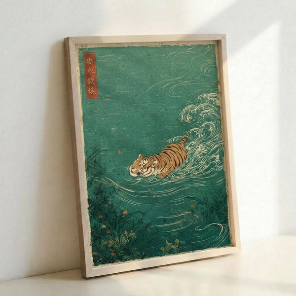 A vintage Japanese woodblock print artwork in a light wooden frame, leaning against a white wall. The image features a orange and black striped tiger swimming through stylized turquoise-green waves with white foam and spray. Traditional Japanese characters appear in a red rectangular cartouche in the upper left corner. Dark aquatic plants are visible at the bottom, and the entire composition has the distinctive flat color style and flowing lines characteristic of ukiyo-e art.