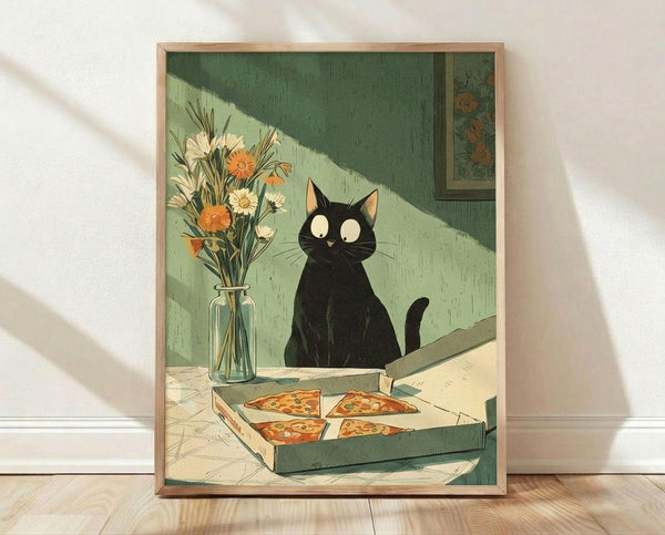 May include: Framed illustration of a black cat with wide yellow eyes sitting behind a pizza box containing four slices. A glass vase with orange and white wildflowers sits nearby. The scene features muted green walls with diagonal sunlight, vintage-style artwork in background, and wooden frame displayed on light wooden flooring against white wall.