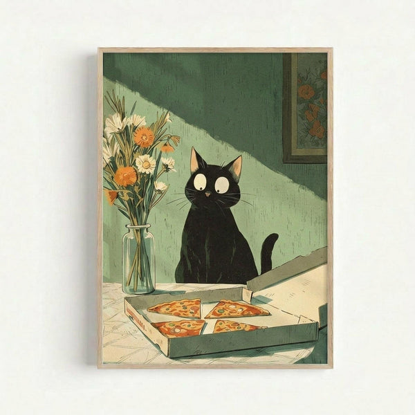 May include: Framed art print showing a black cat with wide white eyes sitting beside an open pizza box containing four slices. A glass vase holds orange and white flowers on a wooden surface. The illustration features muted green walls with diagonal sunlight, rendered in a vintage Japanese woodblock print style with natural wood frame.