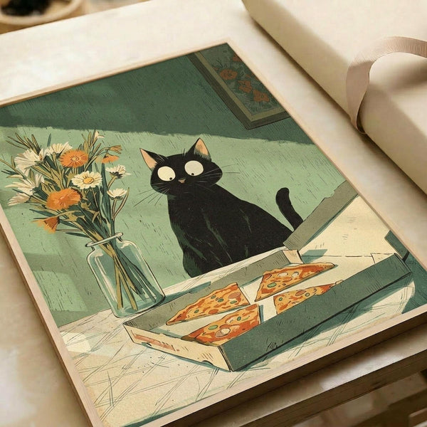 Japanese woodblock print style artwork showing a black cat with large white eyes sitting behind a pizza box containing several cheese pizza slices. A clear glass vase with orange and white flowers sits to the left. The scene has muted green walls with a small framed floral artwork visible in the background. The print uses traditional ukiyo-e colors and linear textures, displayed as a flat artwork on white paper with visible edges.