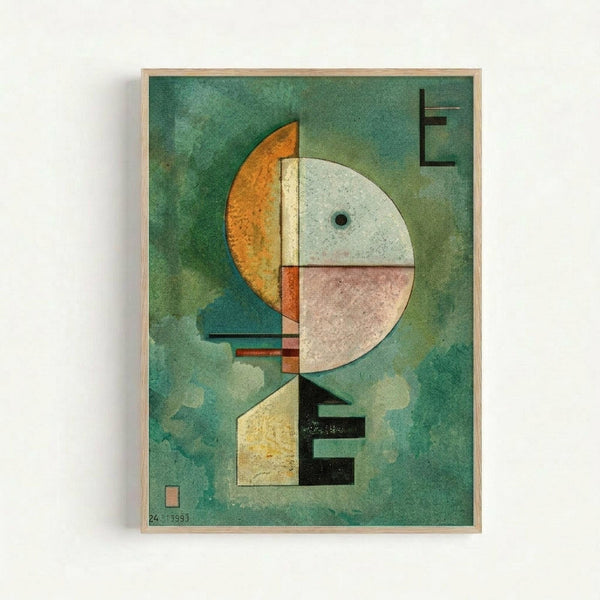Abstract geometric artwork featuring the letters "E" arranged vertically against a mottled green-blue background. The composition includes circular and angular shapes in orange, white, pink, yellow, and black, with intersecting lines and forms creating a modernist design. The piece has a textured, aged appearance and is displayed in a light wooden frame against a white wall.