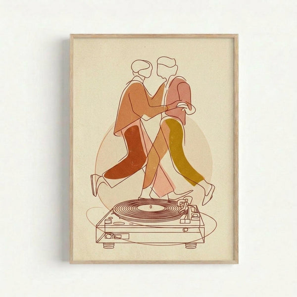 Minimalist line art illustration of two dancing figures in warm earth tones - orange, pink, and mustard yellow - positioned above a detailed turntable drawing. The stylized couple appears to be joyfully dancing together with flowing, abstract clothing forms. The artwork is printed on cream-colored paper and displayed in a natural wood frame against a white wall. The design combines modern abstract human forms with vintage music equipment in a cohesive warm color palette.