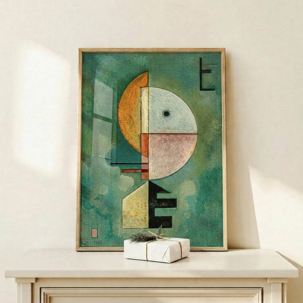 May include: Abstract geometric artwork with green watercolor background featuring circular and rectangular shapes in orange, white, pink, yellow and black. The framed print sits on a light wooden surface next to a small white wrapped gift with natural twine and dried sprig. Modern minimalist room setting with cream walls and natural lighting.