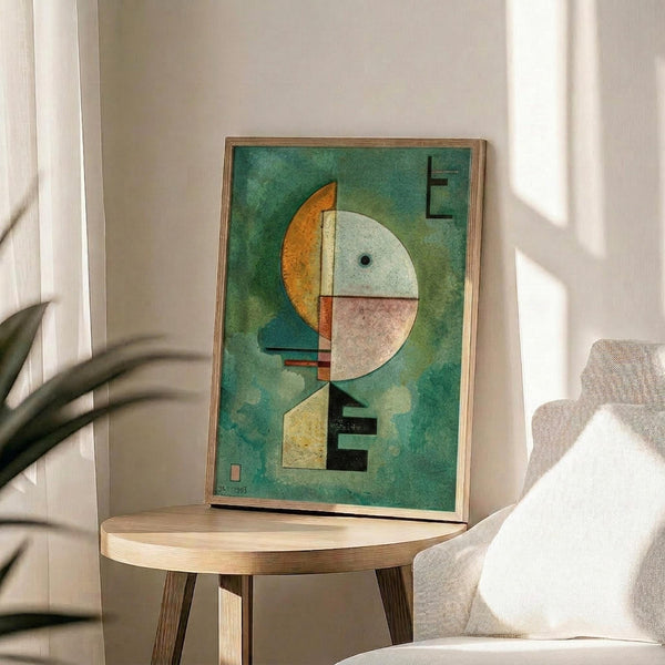May include: Abstract geometric artwork with green textured background, featuring circular and angular shapes in orange, white, pink, and black with letter "E" visible, displayed in thin wooden frame on round wooden side table next to beige upholstered chair with white pillow, plant leaves visible in corner, natural lighting creating soft shadows on neutral wall.