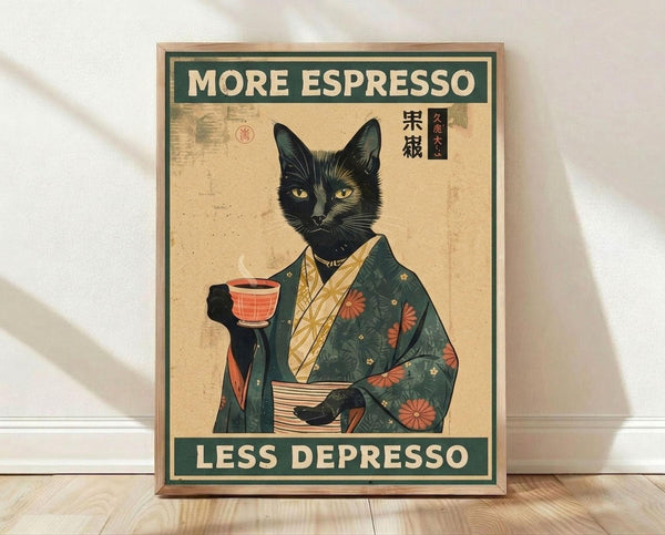 May include: Framed poster print leaning against white wall on light wood floor. Features vintage Japanese woodblock-style artwork of black cat in traditional green kimono with floral pattern, holding red tea cup. Text reads "MORE ESPRESSO" at top and "LESS DEPRESSO" at bottom in cream letters on dark green bands. Japanese characters visible in upper right corner.