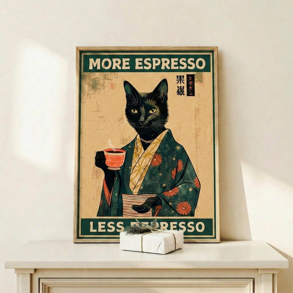 May include: Framed vintage-style poster featuring a black cat with golden eyes wearing a traditional Japanese kimono with floral patterns, holding a red coffee cup. The artwork has aged parchment background with Japanese characters and reads "More Espresso Less Depresso" in cream lettering on green banners. Natural wood frame sits on white wooden furniture beside a small wrapped gift with dried foliage against cream wall.