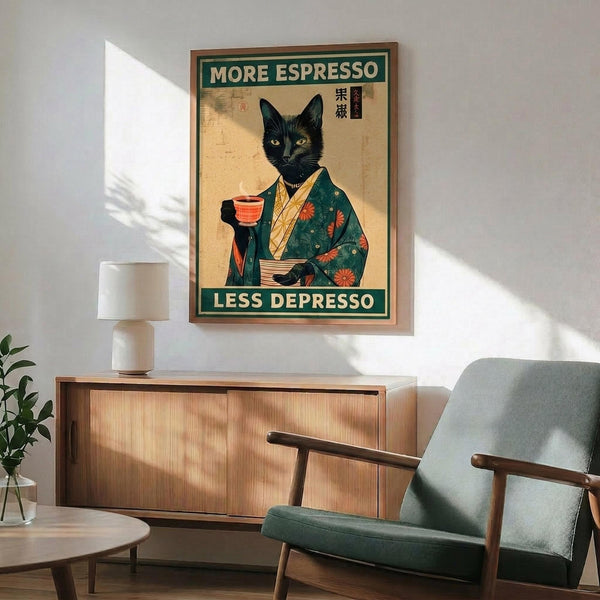 May include: Japanese-style poster featuring black cat in traditional green floral kimono holding red cup, with text "More Espresso Less Depresso" in green banner, displayed in wood frame above mid-century modern wooden credenza with white lamp, next to teal upholstered chair with wooden arms in bright living room with white walls and natural lighting